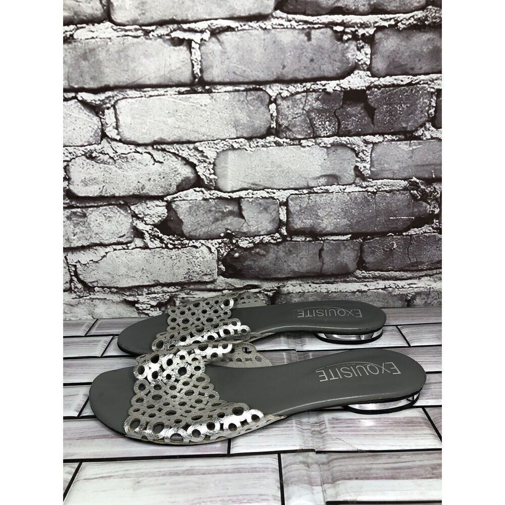 Exquisite Silver Shimmer Leather Cut Out Slides Sandals Women Sz 41EU/10.5M US